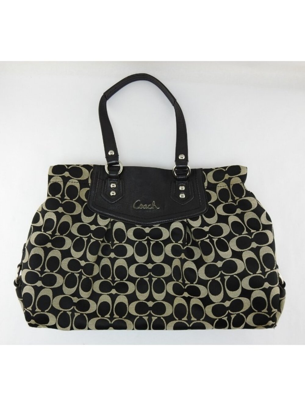 VTG Coach Signature Ashley Black Tan Canvas Leather Shoulder Bag Handbag Tote